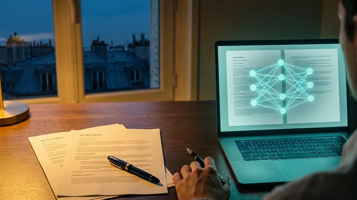Une fiche de poste papier posée à côté d'un écran où un réseau de neurones réécrit un document