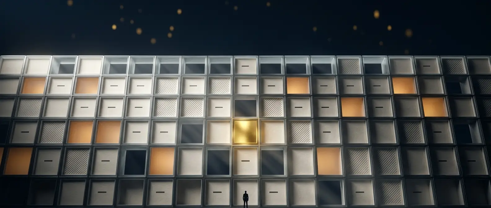 Un mur monumental de cases de papier rétroéclairées, certaines hachurées, une silhouette humaine à sa base.