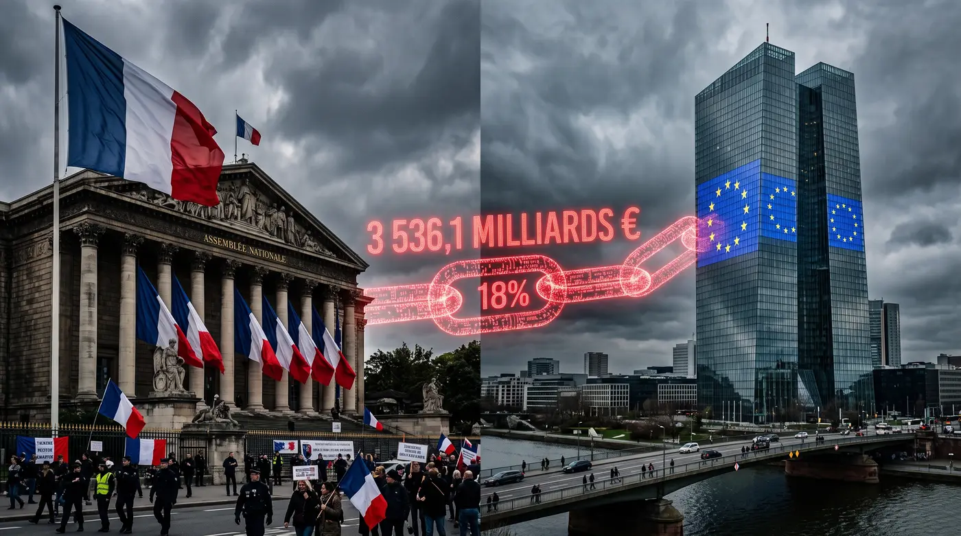 Illustration de synthèse : le Palais Bourbon pavoisé de drapeaux tricolores fait face à la tour de la Banque centrale européenne à Francfort, sous un ciel d'orage. Entre les deux, une chaîne lumineuse rouge porte « 3536,1 milliards € » et « 18 % ». Au premier plan, une manifestation devant l'Assemblée nationale.