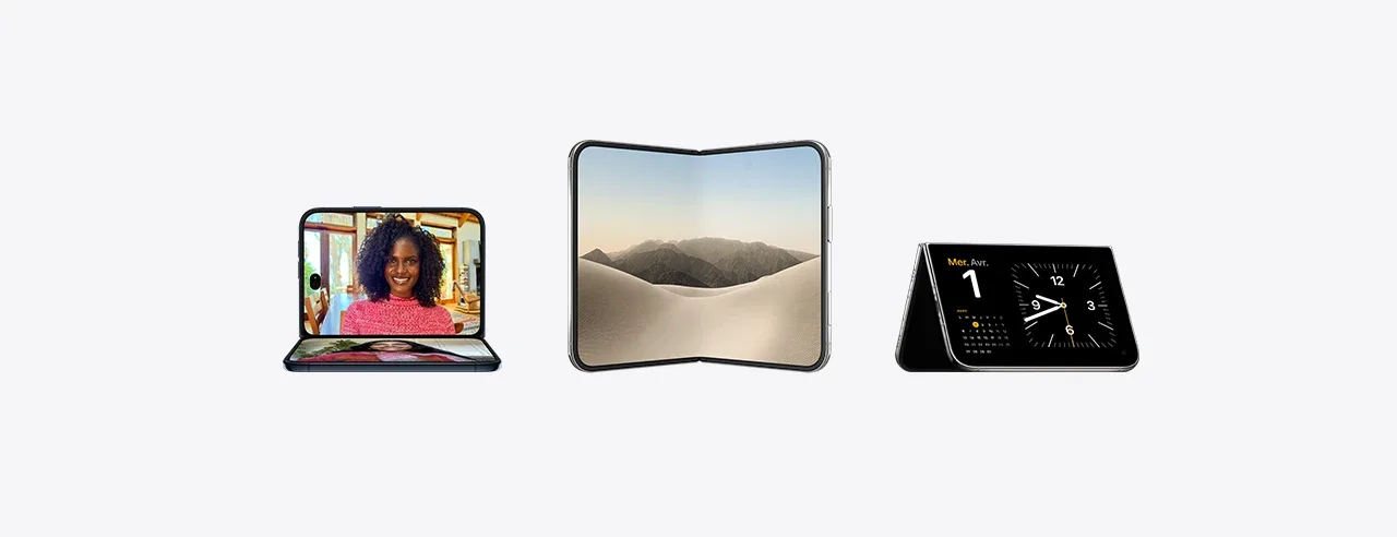 Trois positions de l'iPhone Duo : ouvert à angle droit comme un ordinateur portable pour un appel vidéo, ouvert à plat, et posé en tente avec une horloge sur l'écran externe.
