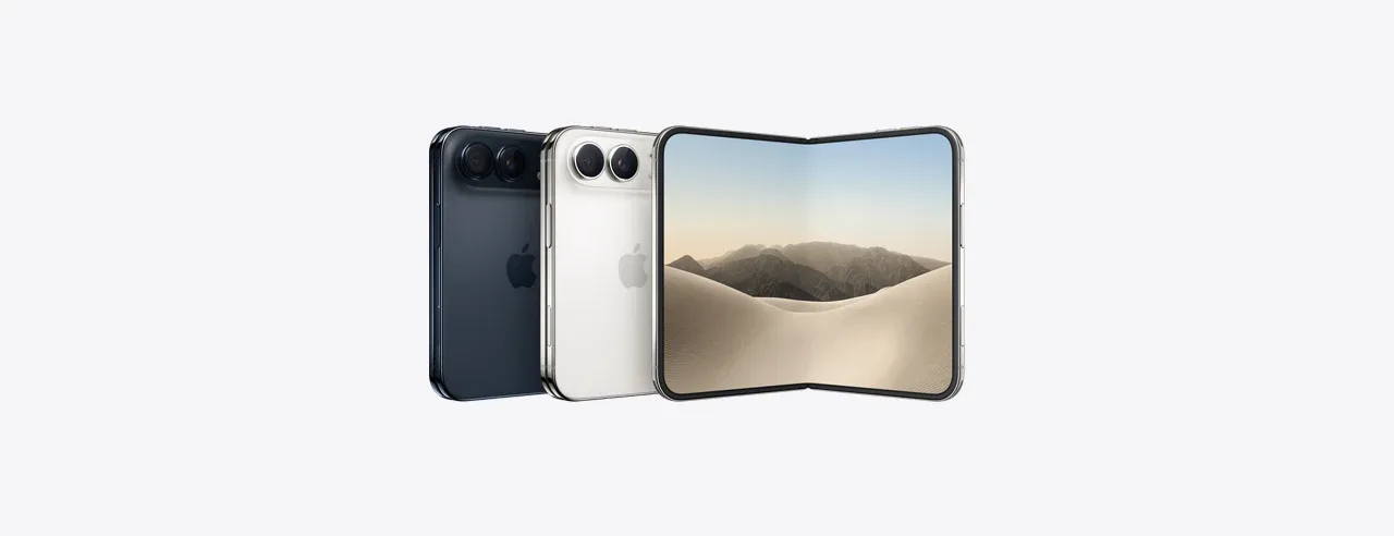 Deux iPhone Duo fermés, vus de dos, l'un sombre et l'autre clair, devant un troisième ouvert à plat.