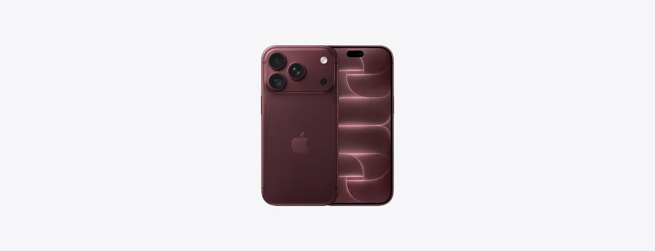 iPhone 18 Pro en finition Bordeaux, dos et face avant avec l'écran allumé.
