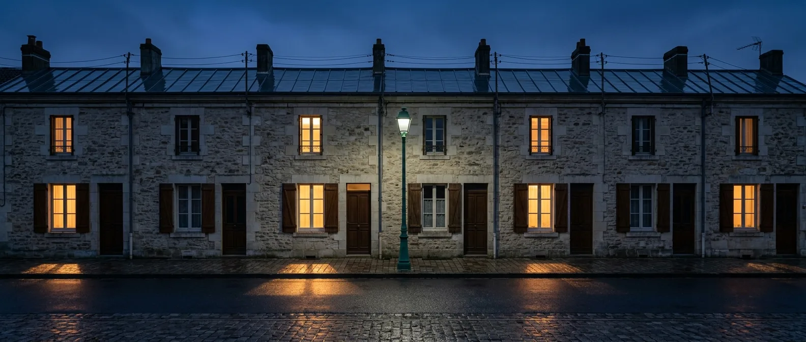Une rangée de maisons de ville identiques à l'heure bleue, chaque fenêtre de séjour éclairée d'une intensité différente ; un lampadaire vert au centre de la rangée, et sur le trottoir mouillé des reflets de longueurs inégales.