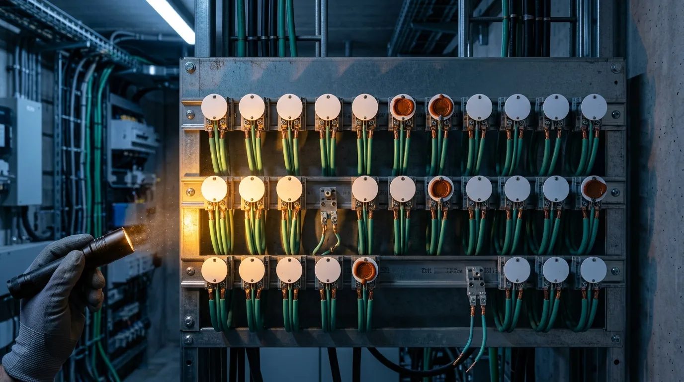 Un tableau de raccordement électrique éclairé à la lampe torche — des départs de câbles gainés de vert alignés en rangées, pastilles vierges, certains dans la pénombre, quelques scellés de cire sombre, et des connecteurs débranchés laissés visibles.