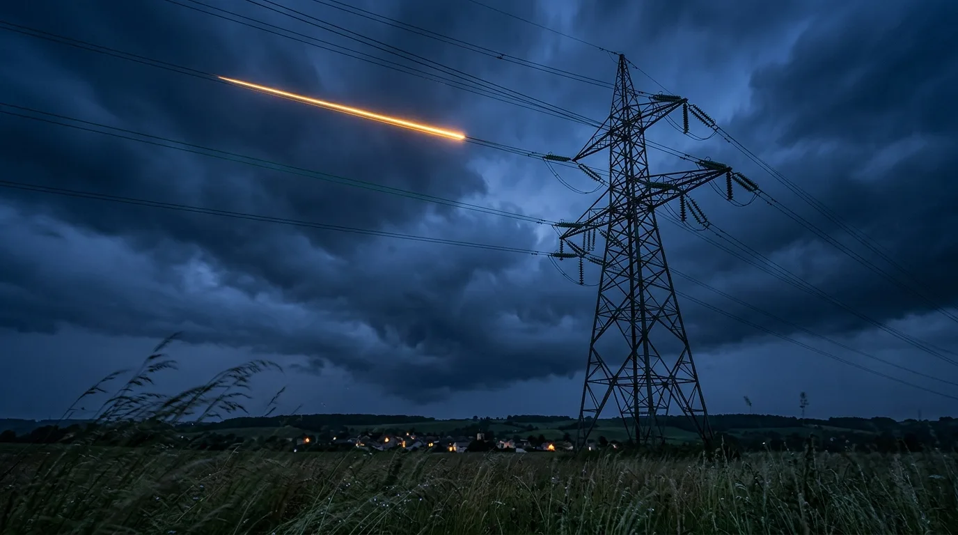 Un pylône très haute tension en contre-plongée sous un ciel d'orage à l'heure bleue ; une impulsion de lumière ambrée court le long d'un seul câble, et au loin un village aux fenêtres éclairées.