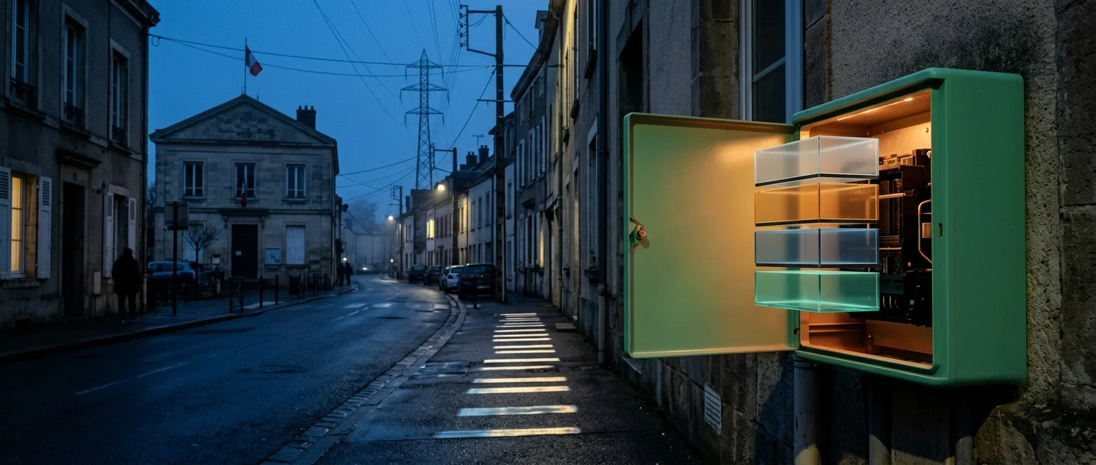 Un coffret électrique mural vert jade entrouvert sur une façade de pierre, des strates de verre translucide éclairées d'ambre à l'intérieur ; derrière, une rue résidentielle à l'heure bleue — un pylône dans la brume, une mairie au drapeau français, et sur la chaussée mouillée les bandes claires d'un passage piéton qui luisent comme des marches de lumière.