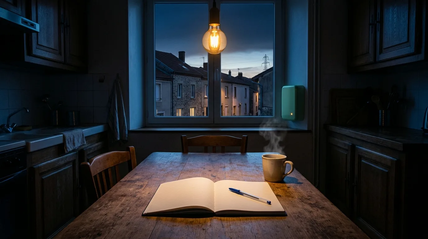 Une cuisine à l'aube — sous une ampoule ambrée, un carnet ouvert à deux pages vierges et un stylo sur la table de bois, une tasse fumante ; par la fenêtre, des toits sur la première lueur du jour et un pylône lointain ; au mur, un petit boîtier vert à lueur de veille.