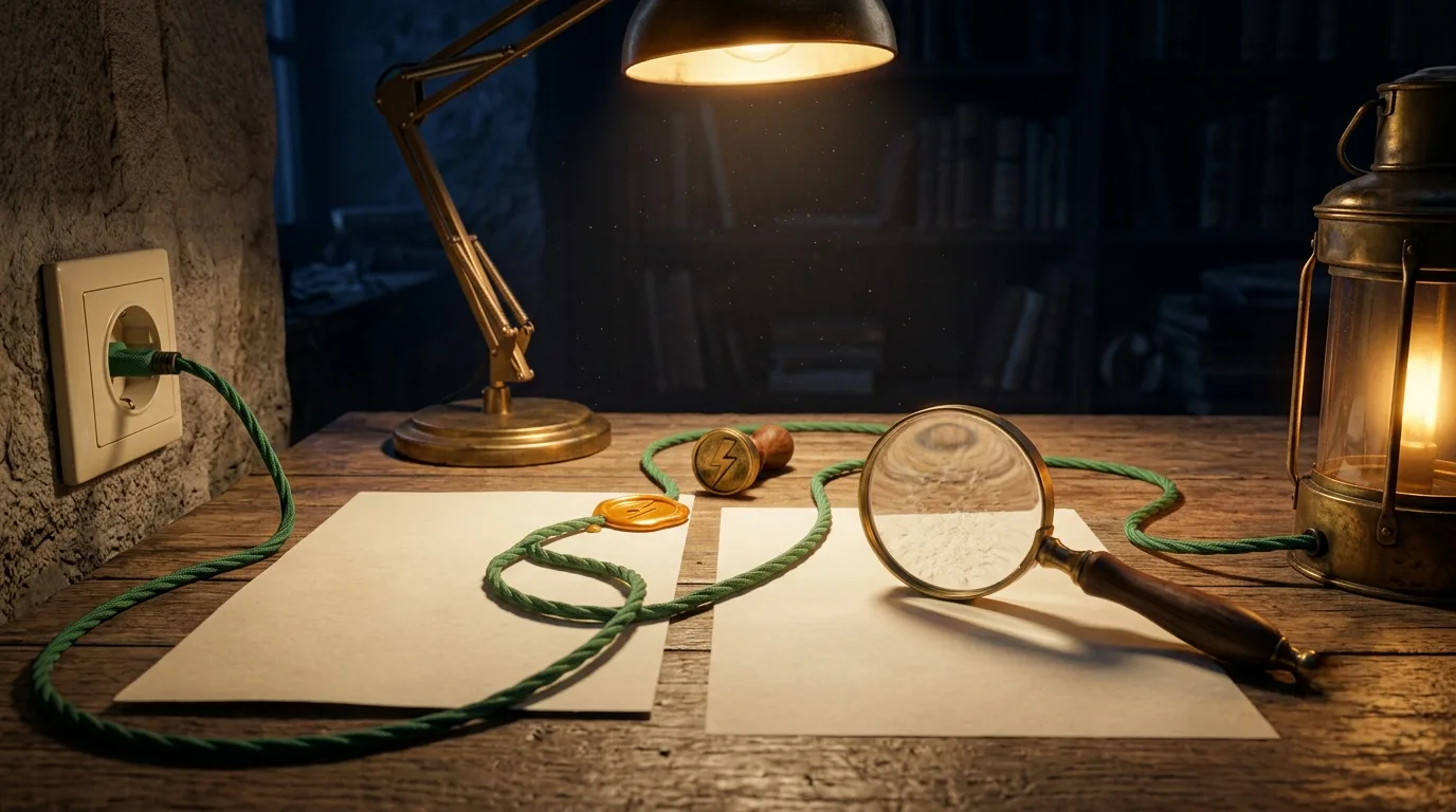 Sur une table d'archiviste éclairée d'une lampe ambrée, un câble textile vert relie une prise murale, deux feuilles de papier vierges, un cachet de laiton au motif d'éclair près de son sceau de cire, une loupe posée sur le papier, et une lanterne allumée.