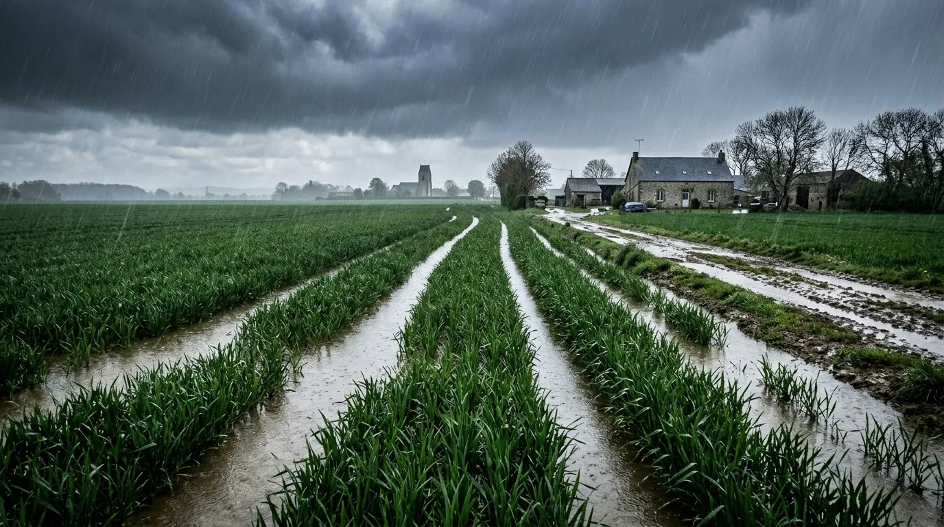 Champ de blé jeune noyé sous la pluie, ornières pleines d'eau, ferme et clocher au loin
