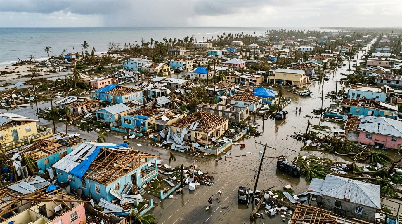 Quartier antillais dévasté après un cyclone, toitures arrachées, rues inondées, poteaux couchés