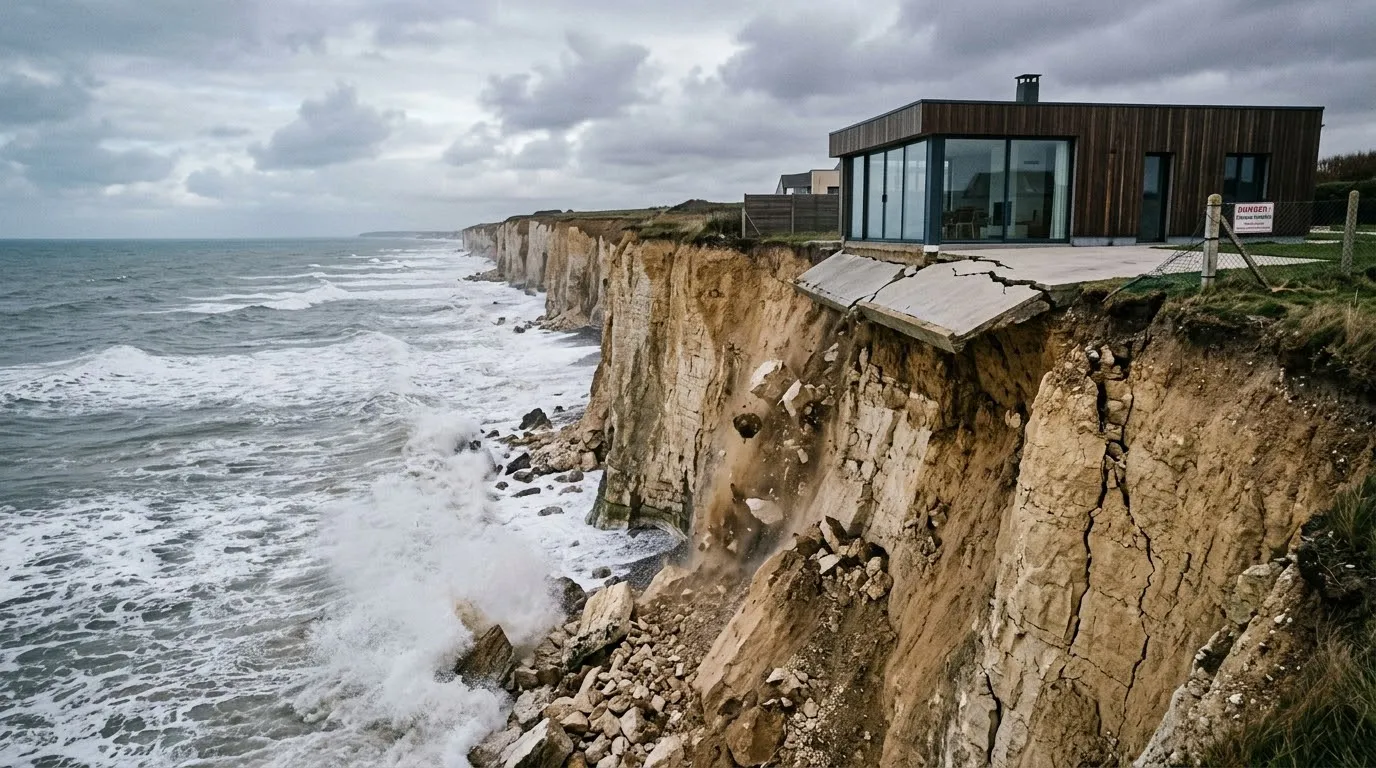 Falaise littorale effondrée, terrasse d'une maison contemporaine suspendue au-dessus du vide