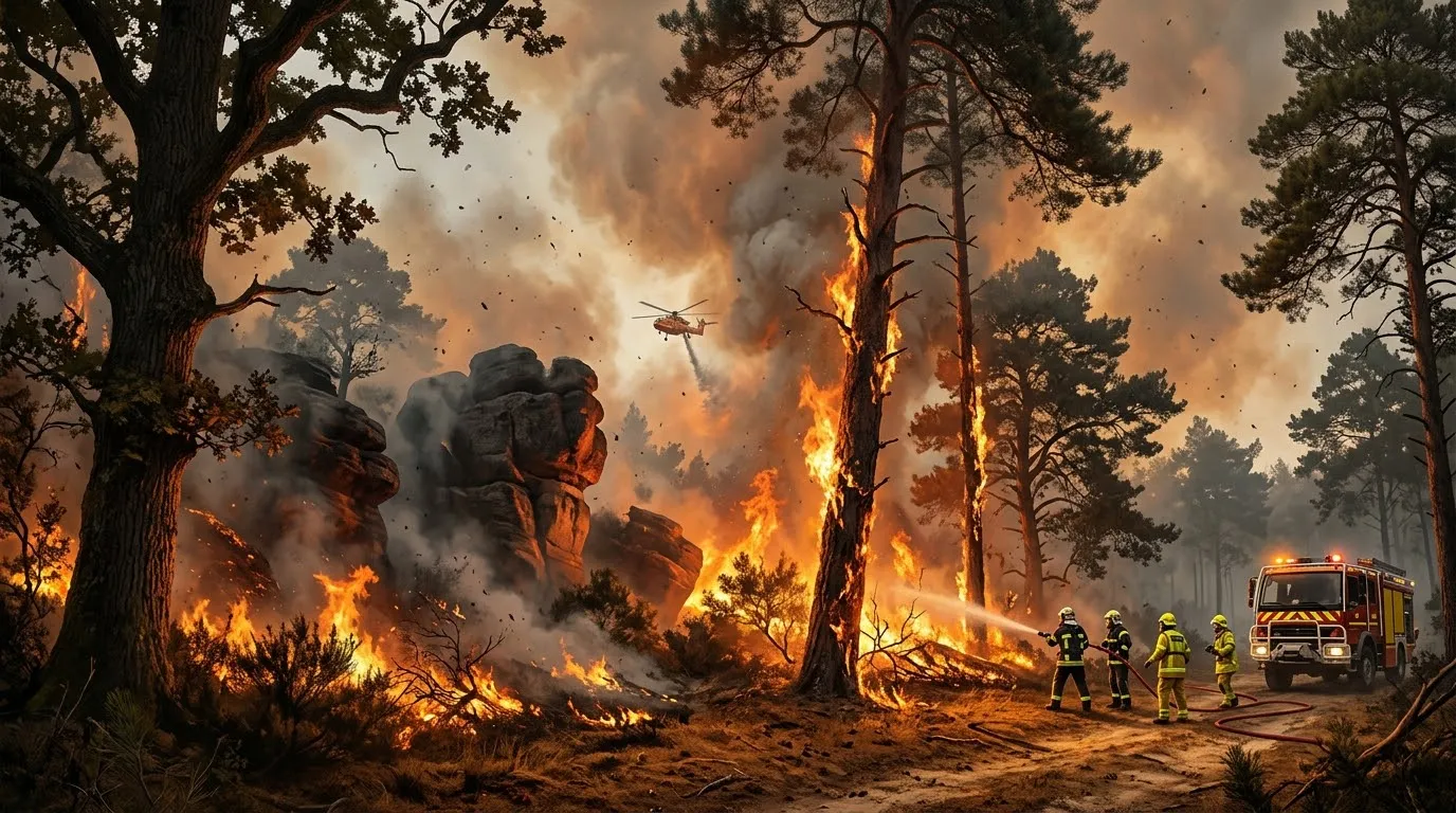 Incendie dans un massif forestier de plaine, rochers de grès, pompiers et hélicoptère bombardier d'eau
