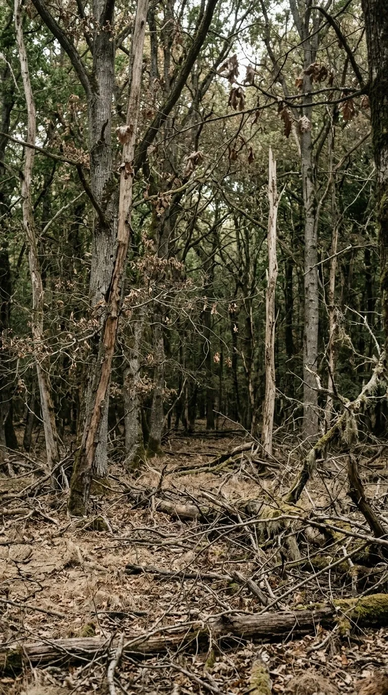 Sous-bois de feuillus aux troncs morts et aux branches sèches, litière de bois tombé