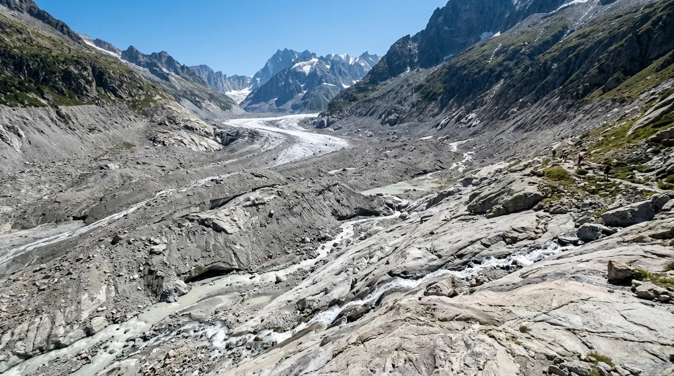 Vallée glaciaire alpine réduite à la roche nue, langue de glace résiduelle et torrent de fonte