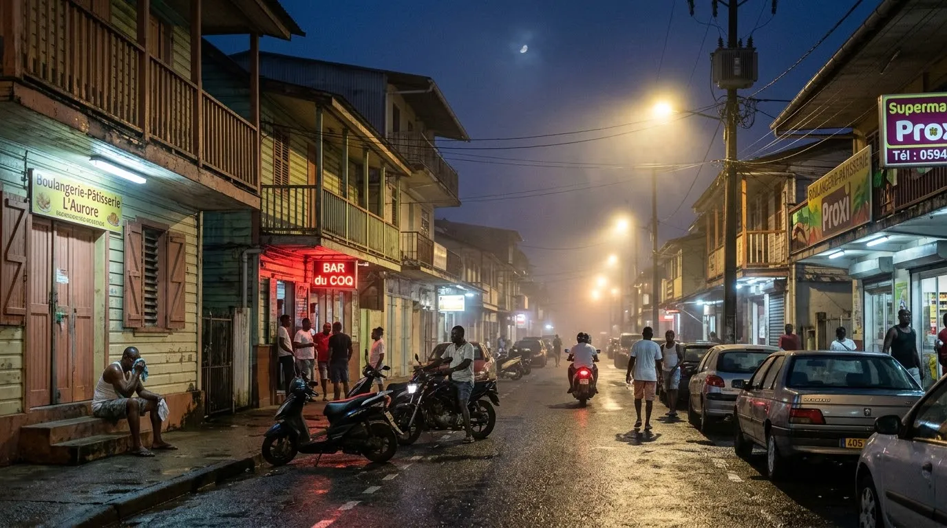 Rue d'une ville de Guyane la nuit, air humide sous les lampadaires, habitants sur le pas des portes