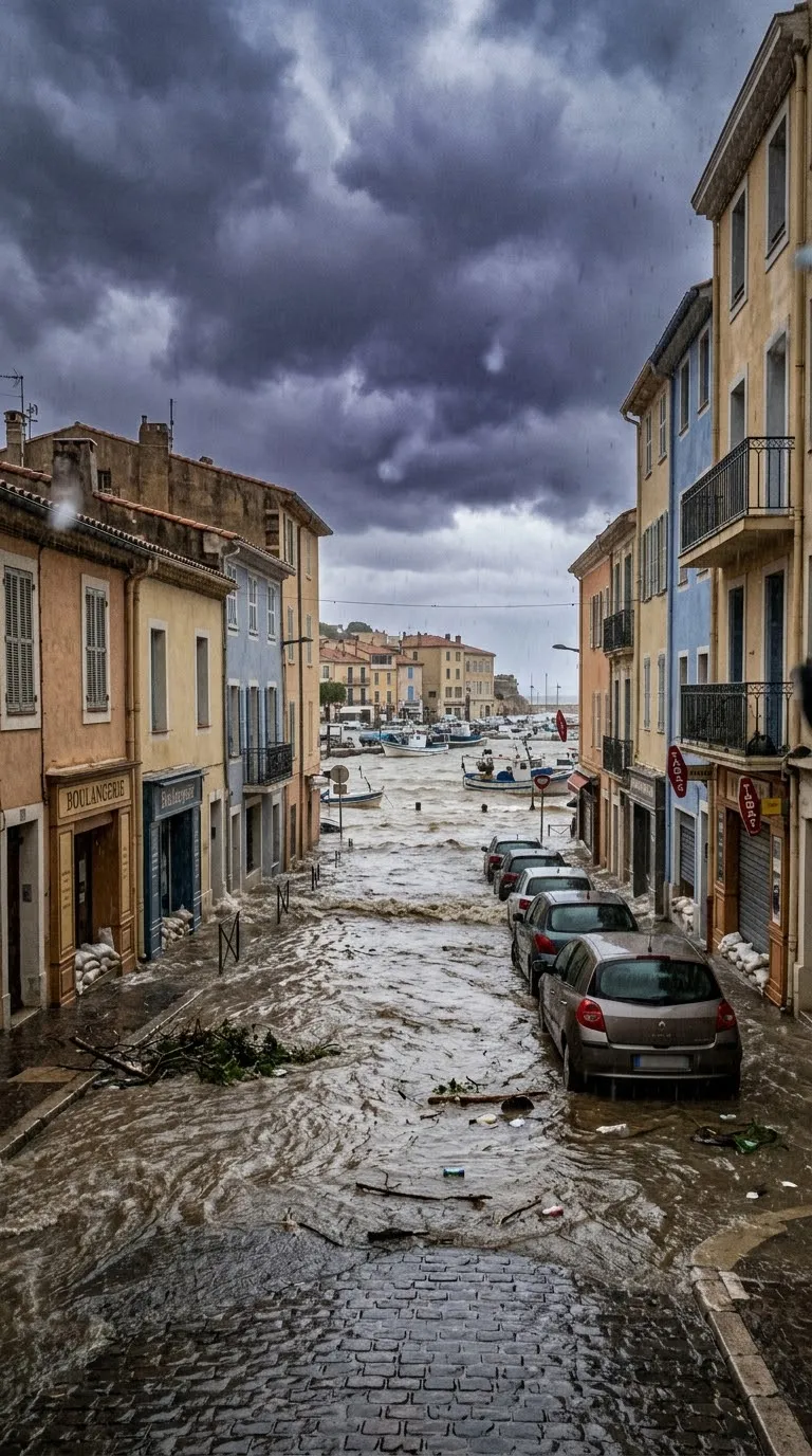 Rue en pente d'un port méditerranéen submergée par un torrent d'eau boueuse sous un ciel d'orage
