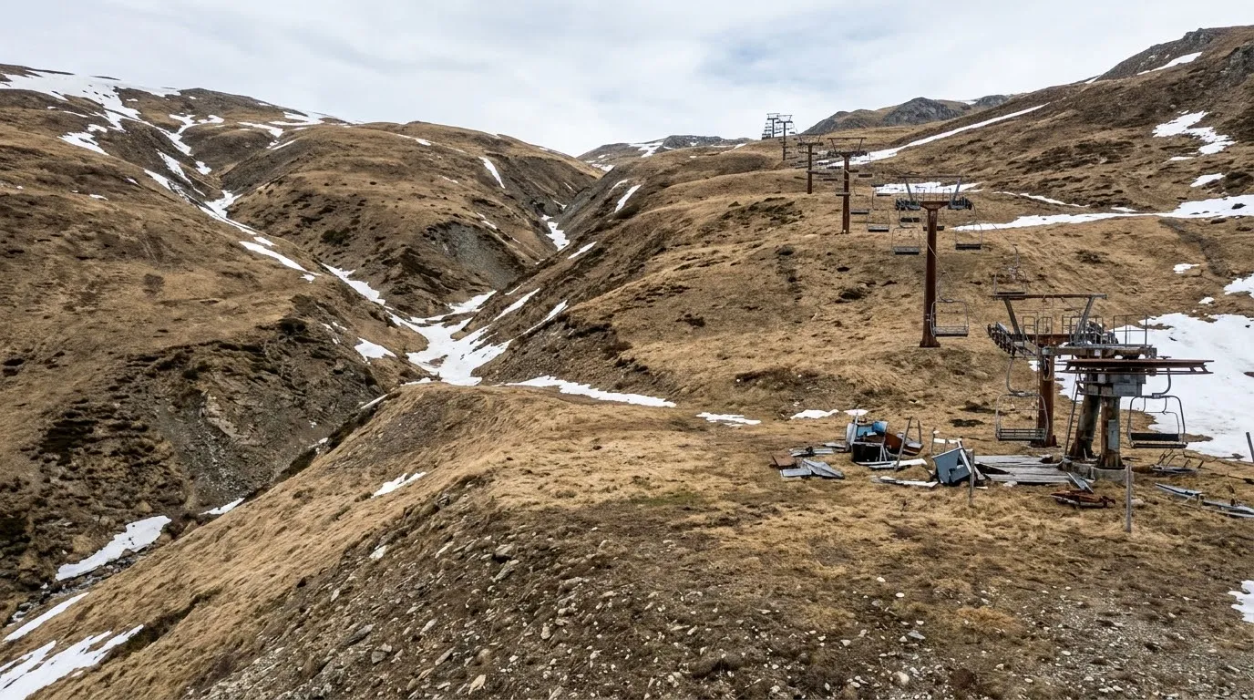 Station de ski sans neige, télésièges à l'arrêt sur des pentes d'herbe sèche