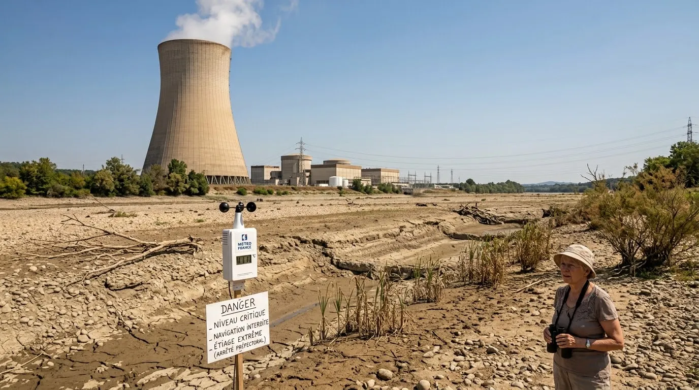 Centrale nucléaire au bord d'un fleuve à l'étiage extrême, lit asséché et panneau d'interdiction de navigation