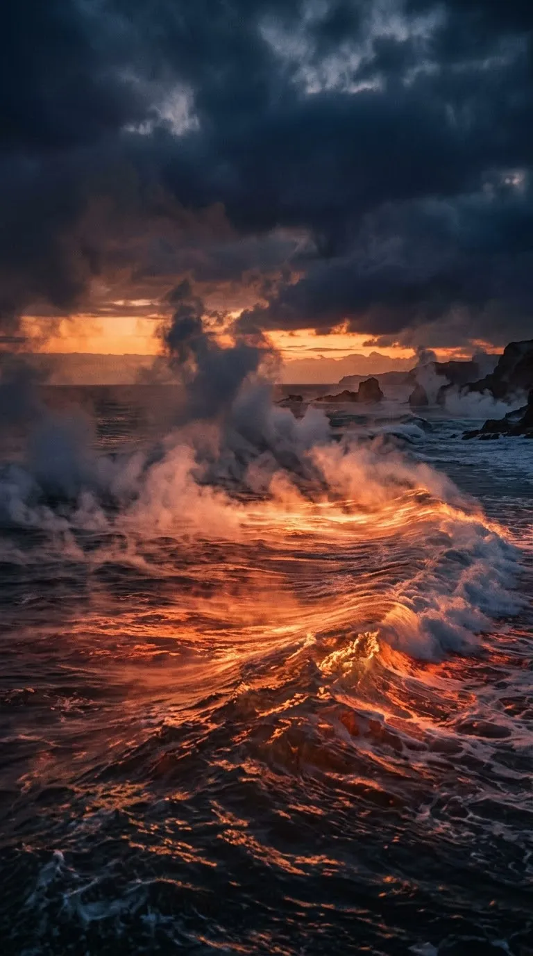 Houle sombre sous un ciel d'orage, écume et vapeur au couchant