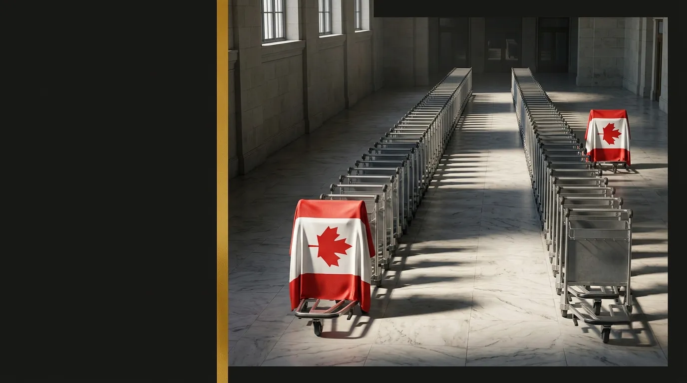 Dans un hall de gare vu d'un balcon, deux longues rangées de chariots à bagages identiques ; dans chacune, un seul chariot est recouvert du drapeau canadien, près du départ dans l'une, tout au fond dans l'autre.