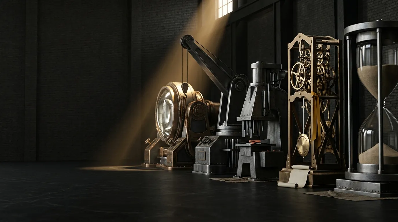 Dans une halle industrielle sombre, cinq machines de nature différente alignées — une lentille, un bras de grue, une presse, un mécanisme d'horlogerie à nu, un sablier ; un rai de lumière tombe sur la première.