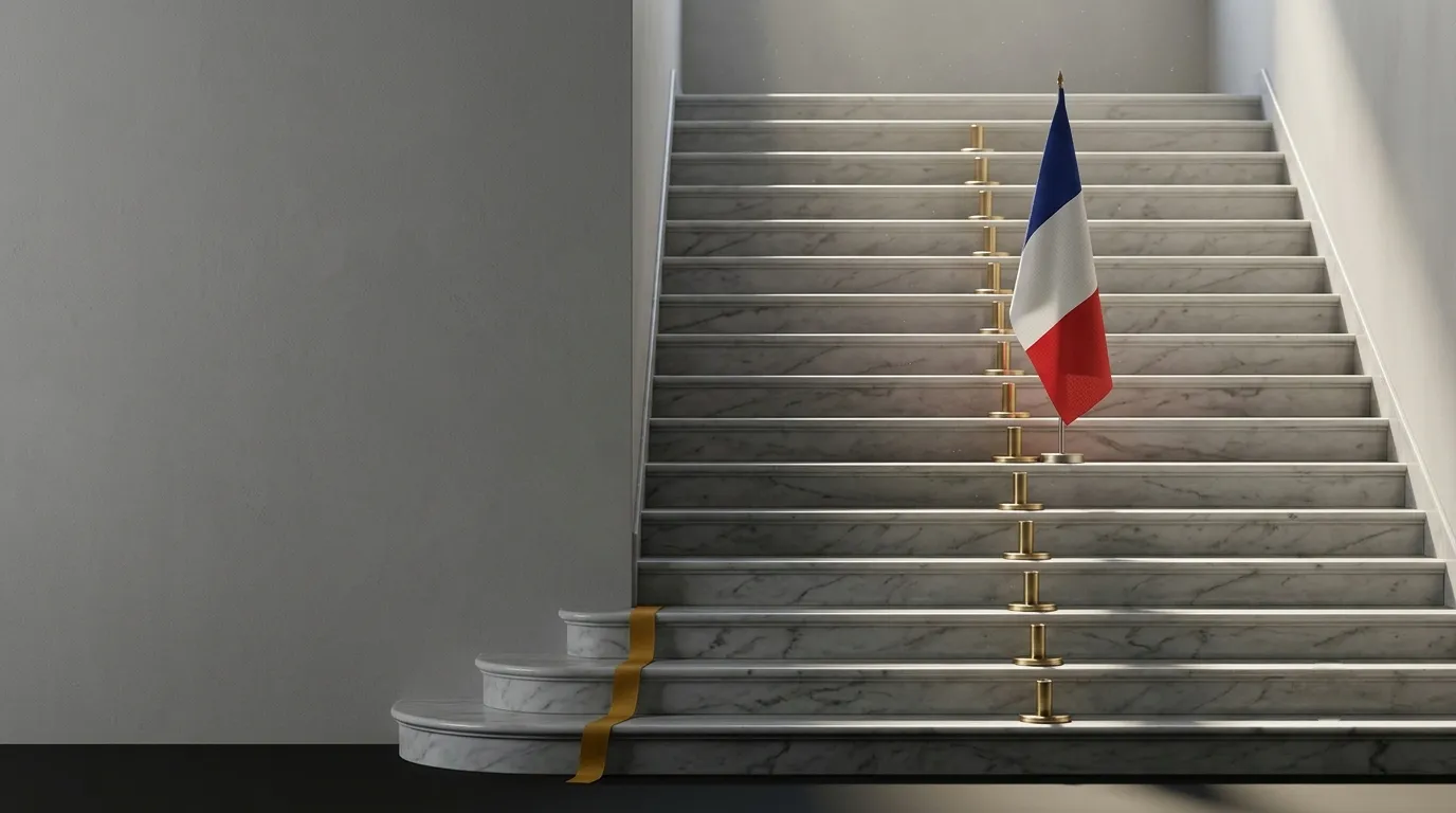 Un escalier de marbre monte vers un palier ; une douille de laiton est posée au centre de chaque marche, toutes vides, et un drapeau français se tient sur l'une d'elles.