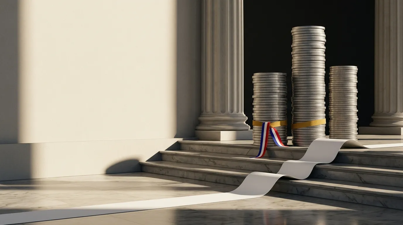 Un ticket de caisse entièrement vierge se déroule sur les marches d'une colonnade et court sur le marbre ; à côté, des colonnes de pièces empilées de hauteurs inégales, dont l'une est ceinte d'un ruban bleu, blanc et rouge.