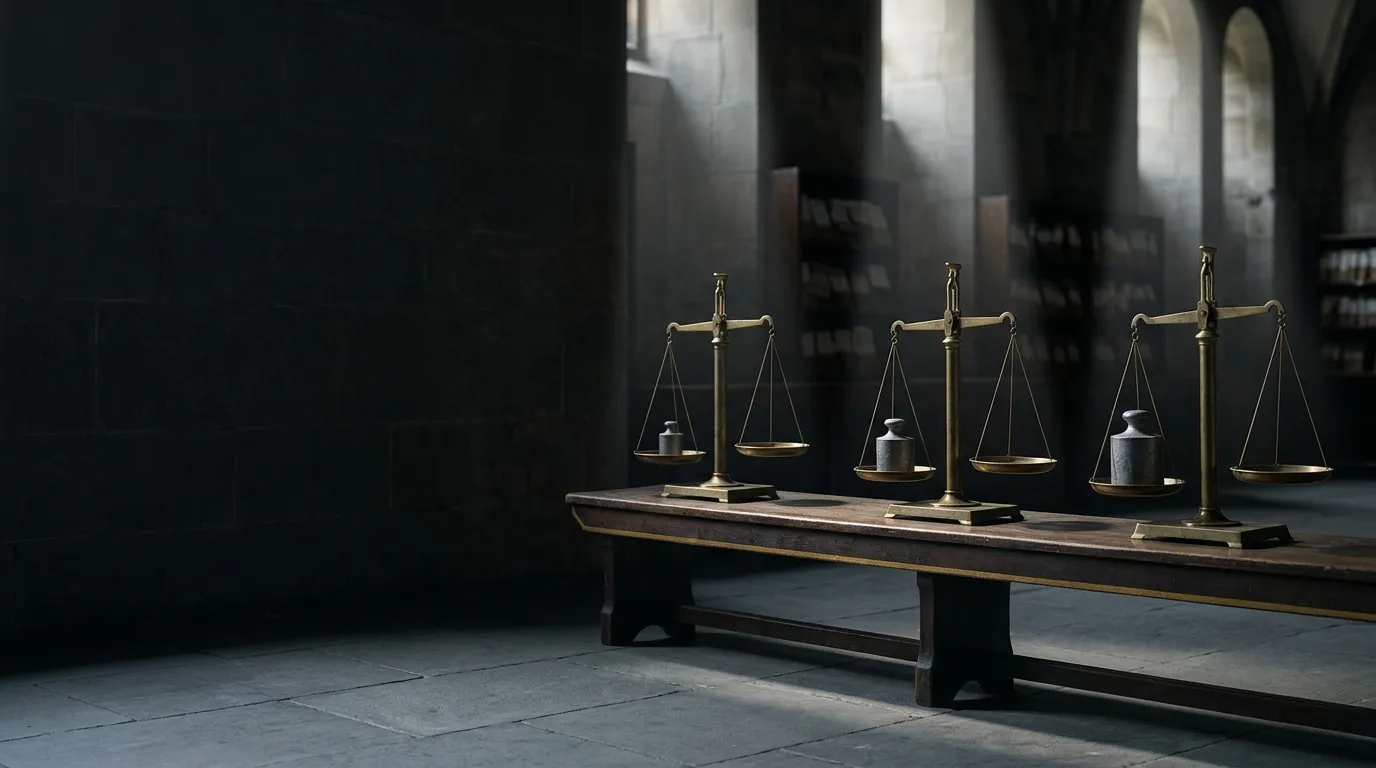 Trois balances de laiton identiques alignées sur un long banc de bois dans une salle voûtée ; chacune porte sur son plateau une masse de taille différente, et tous les plateaux opposés sont vides.