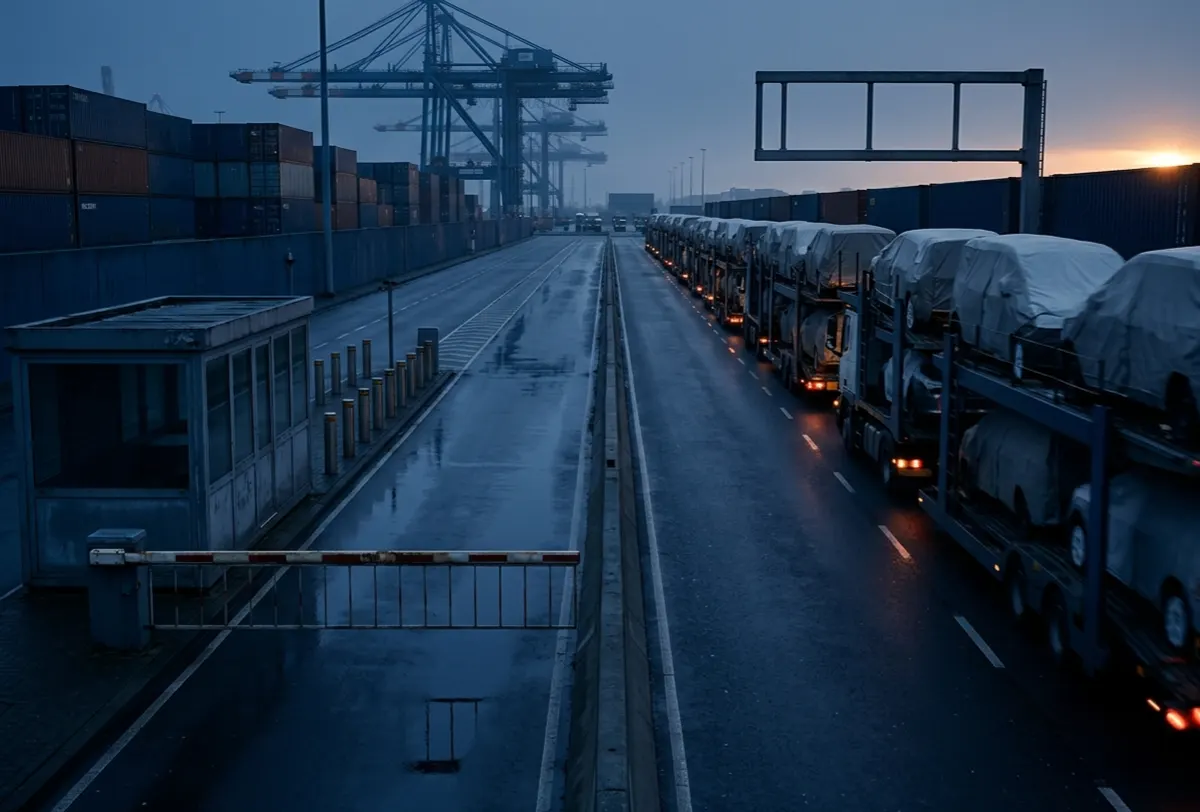 Deux voies portuaires côte à côte, l'une barrée et vide, l'autre ouverte où défilent des camions porte-voitures chargés.