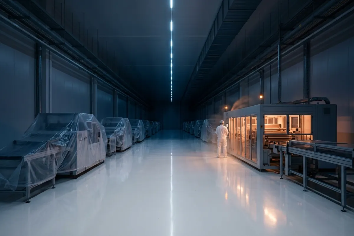 Une immense halle de cellules de batterie presque neuve, une seule ligne de production allumée, les autres sous bâche translucide.