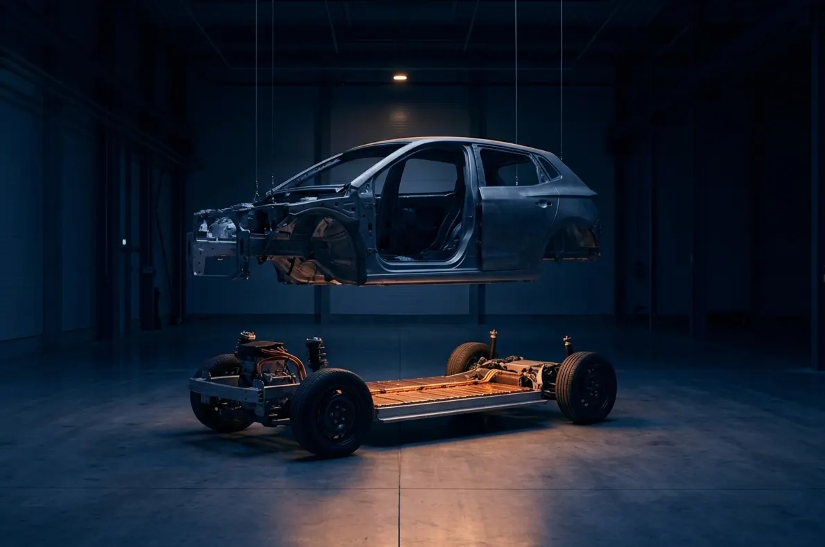 Un plancher de batterie électrique éclairé de l'intérieur, sur lequel flotte une carrosserie nue et sombre, dans une halle presque vide.