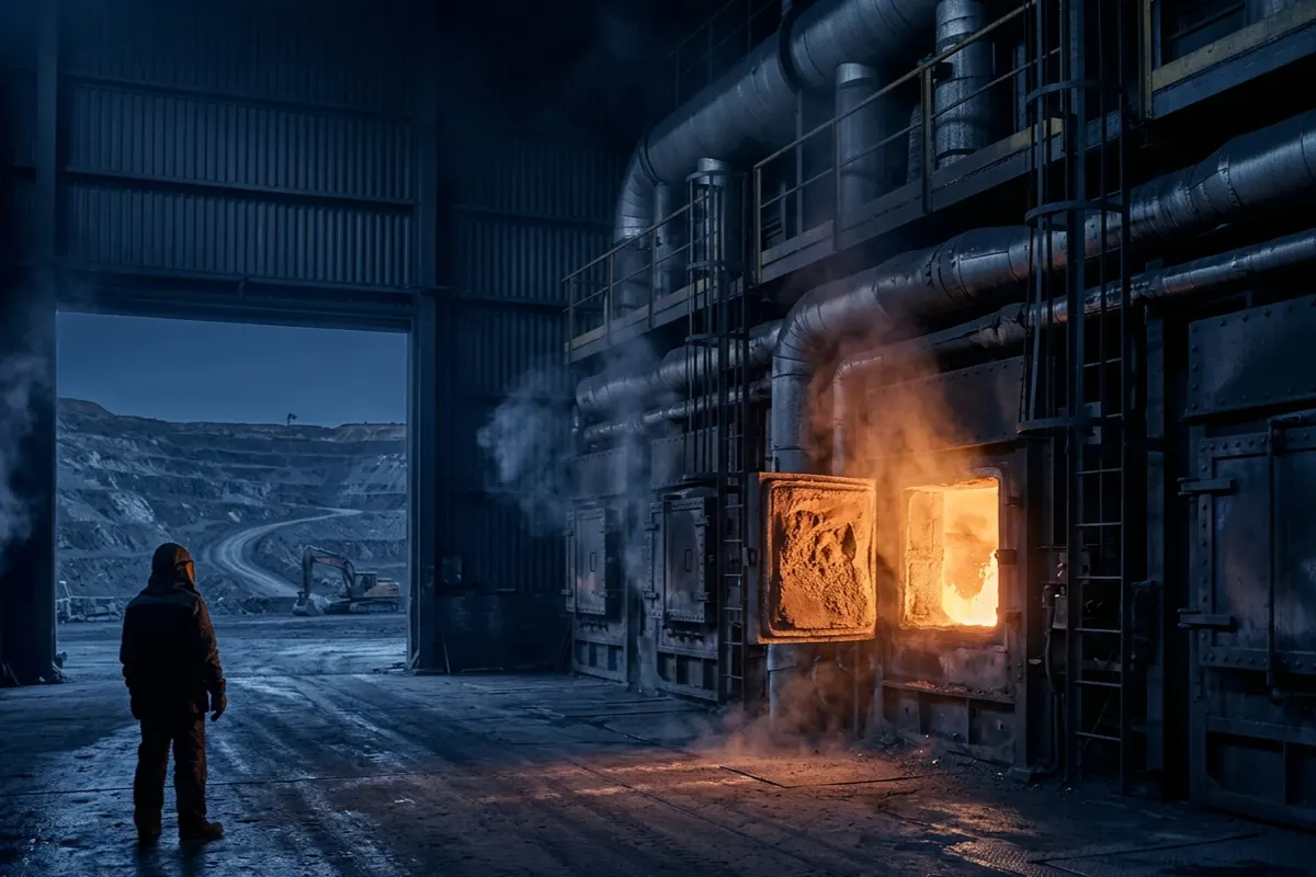 Un four de raffinage ouvert répand une lumière ambre dans une usine sombre ; au loin, par une ouverture, une mine à ciel ouvert éteinte.