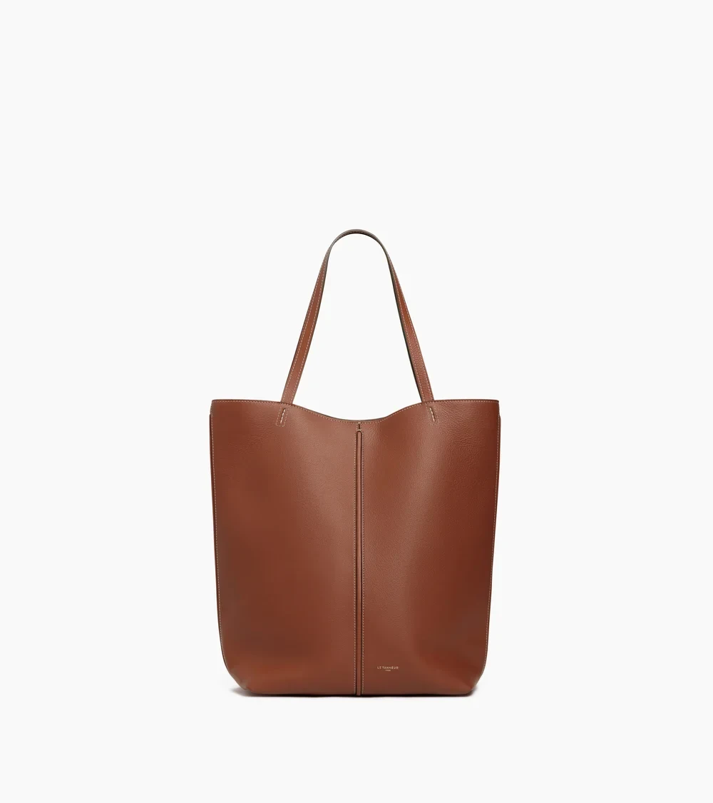 Le Tanneur Sac cabas moyen modèle Hortense cuir grainé double face - Marron acajou/Greige