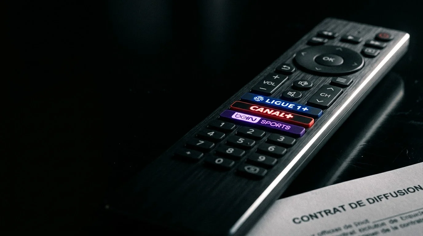 Une télécommande noire en gros plan, trois touches sérigraphiées Ligue 1+, CANAL+ et beIN SPORTS, posée sur un contrat de diffusion.