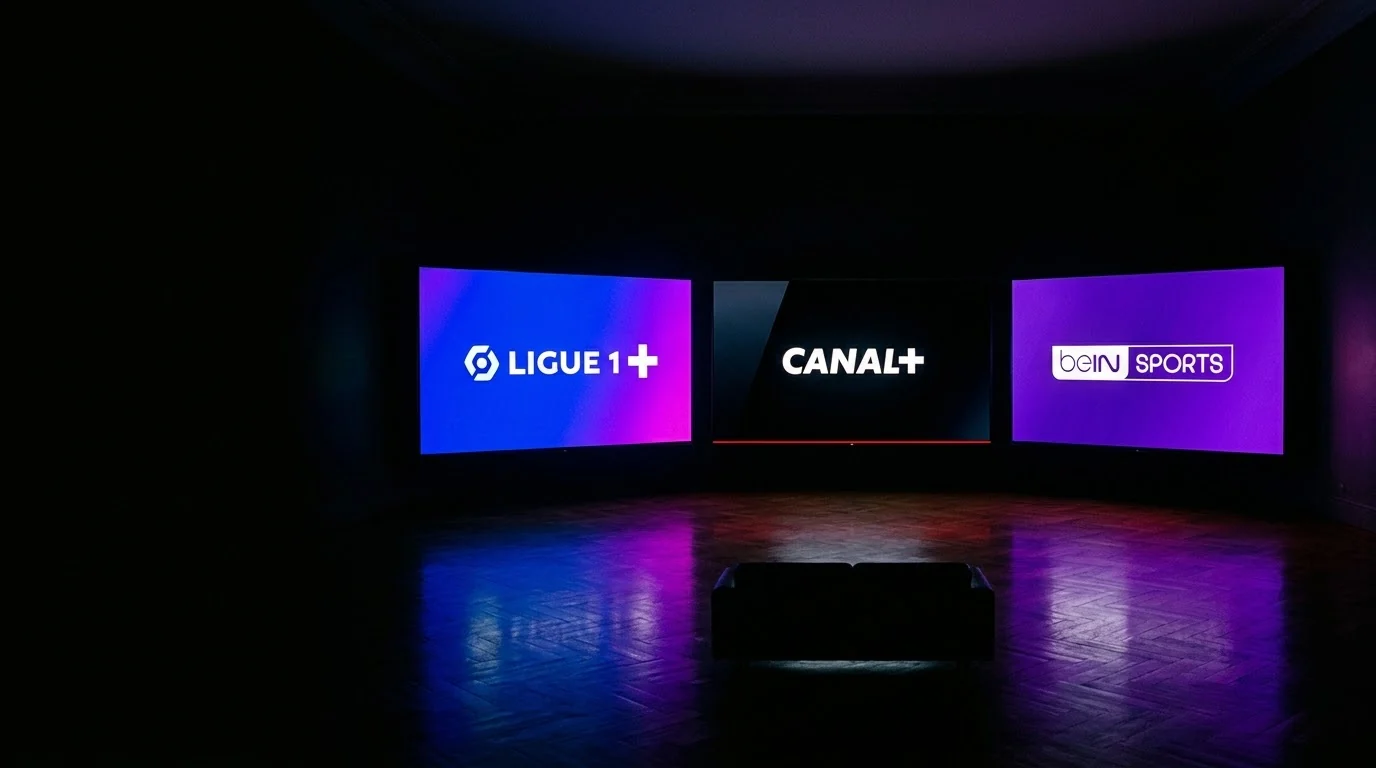 Trois écrans géants dans une pièce noire, portant les logos Ligue 1+, CANAL+ et beIN SPORTS, chacun projetant sa couleur sur le parquet. Au centre, minuscule, la silhouette d'un canapé.
